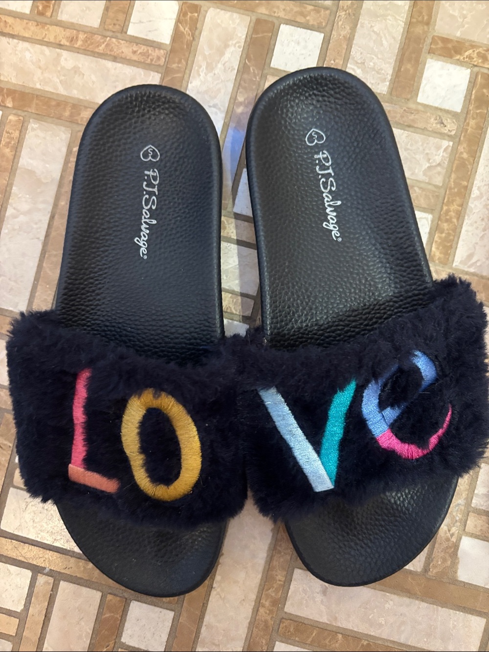 Like New P.J. Salvage Fuzzy Slide Sandals with Multicolor LOVE Embroidery